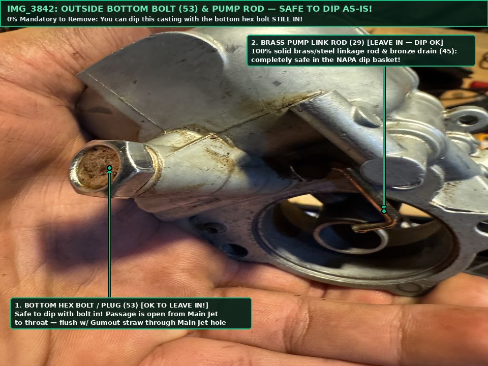 IMG_3842 Annotated showing Outside Bottom Hex Bolt 53 and Brass Pump Link Rod 29 are 100 percent safe to leave in during NAPA dip
