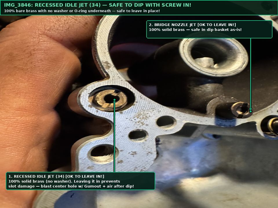IMG_3846 Annotated showing Recessed Idle Jet 34 and Bridge Nozzle Jet safe to dip with screws in