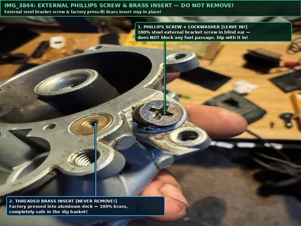 IMG_3844 Annotated showing external steel Phillips screw and factory pressed brass insert stay in place