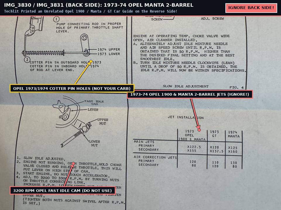 IMG_3830 and IMG_3831 Back Side of Instruction Sheet showing unrelated 1973-1974 Opel 1900 and Manta 2-Barrel Carburetor Adjustments to ignore