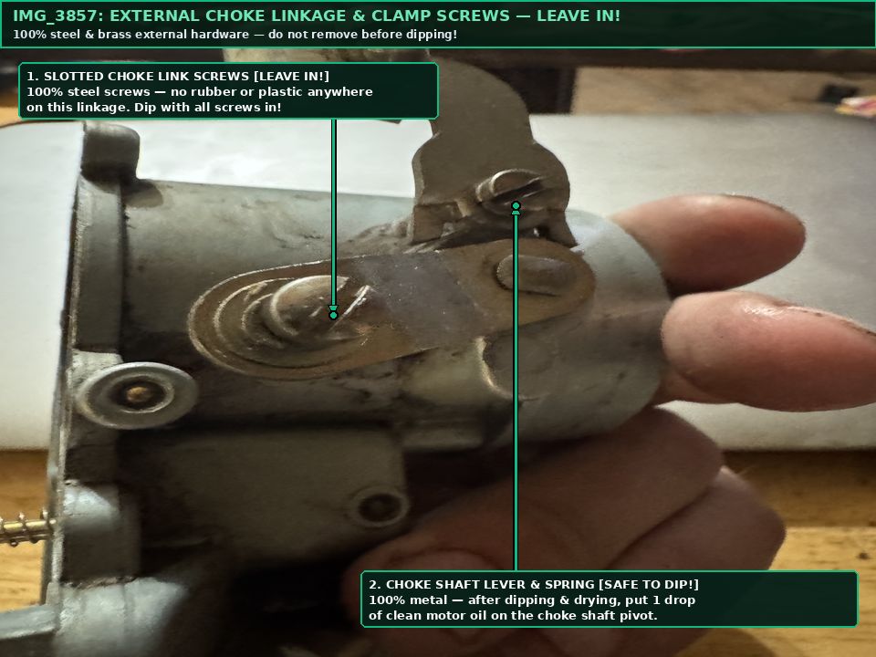 IMG_3857 Annotated external choke linkage and slotted steel clamp screws safe to leave in during dip