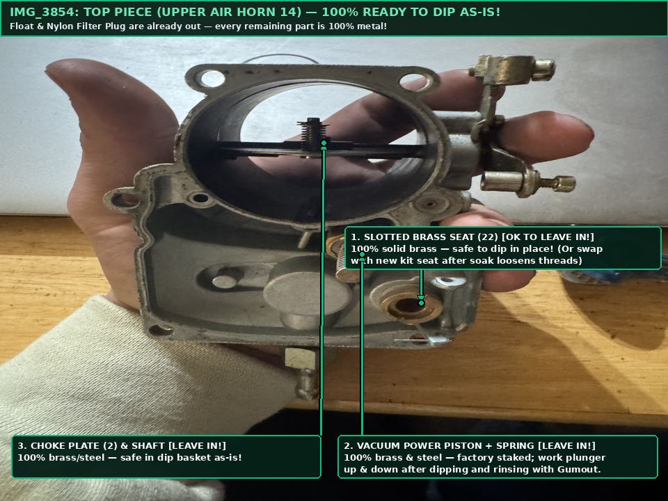 IMG_3854 Annotated underside overview of Top Piece Upper Air Horn 14 showing Slotted Brass Seat 22, Vacuum Power Piston, and Choke Plate 2 all 100 percent safe to dip as-is