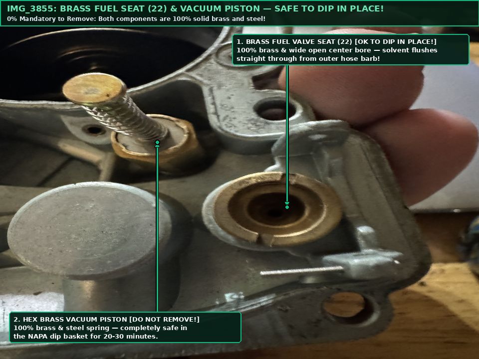 IMG_3855 Annotated close-up of Brass Fuel Valve Seat 22 and Hex Brass Vacuum Piston safe to dip in place