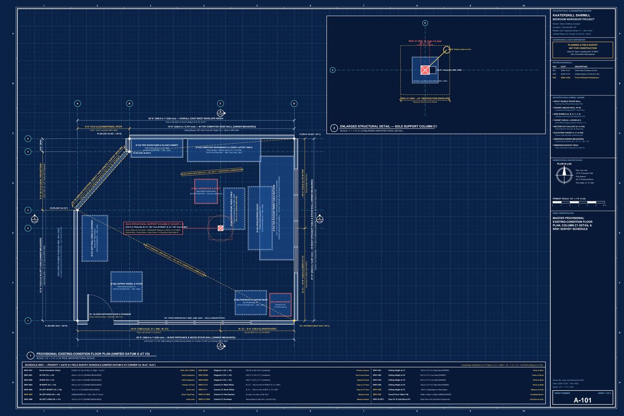 Sheet 1 Master Floor Plan Cyanotype showing multi-zone technical workshop layout, 144x48 inch timber bench, and offset column C1